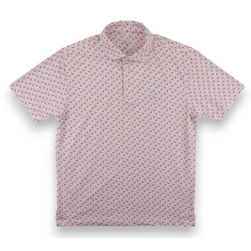 Rhoback Flamingo Print Performance Polo Shirt Mens Medium M White Pink AOP